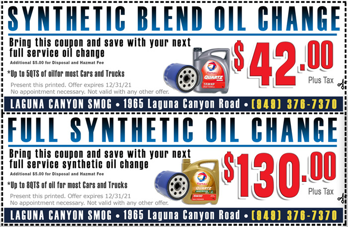 Oil Change Coupon Laguna Canyon Smog Check